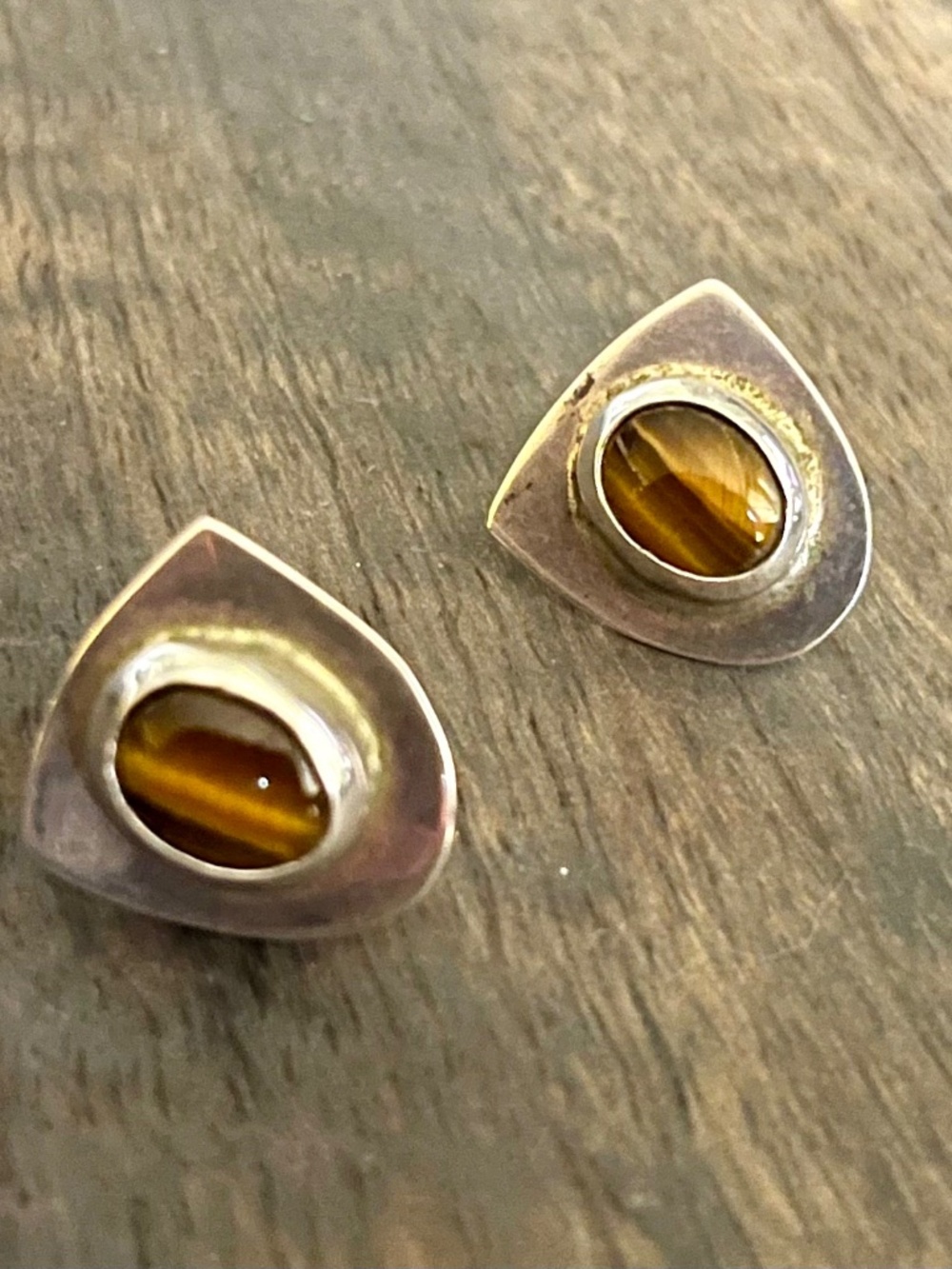 Vintage Tiger's Eye Michael Mathews Sockyma Sterling Silver Shield Earrings
